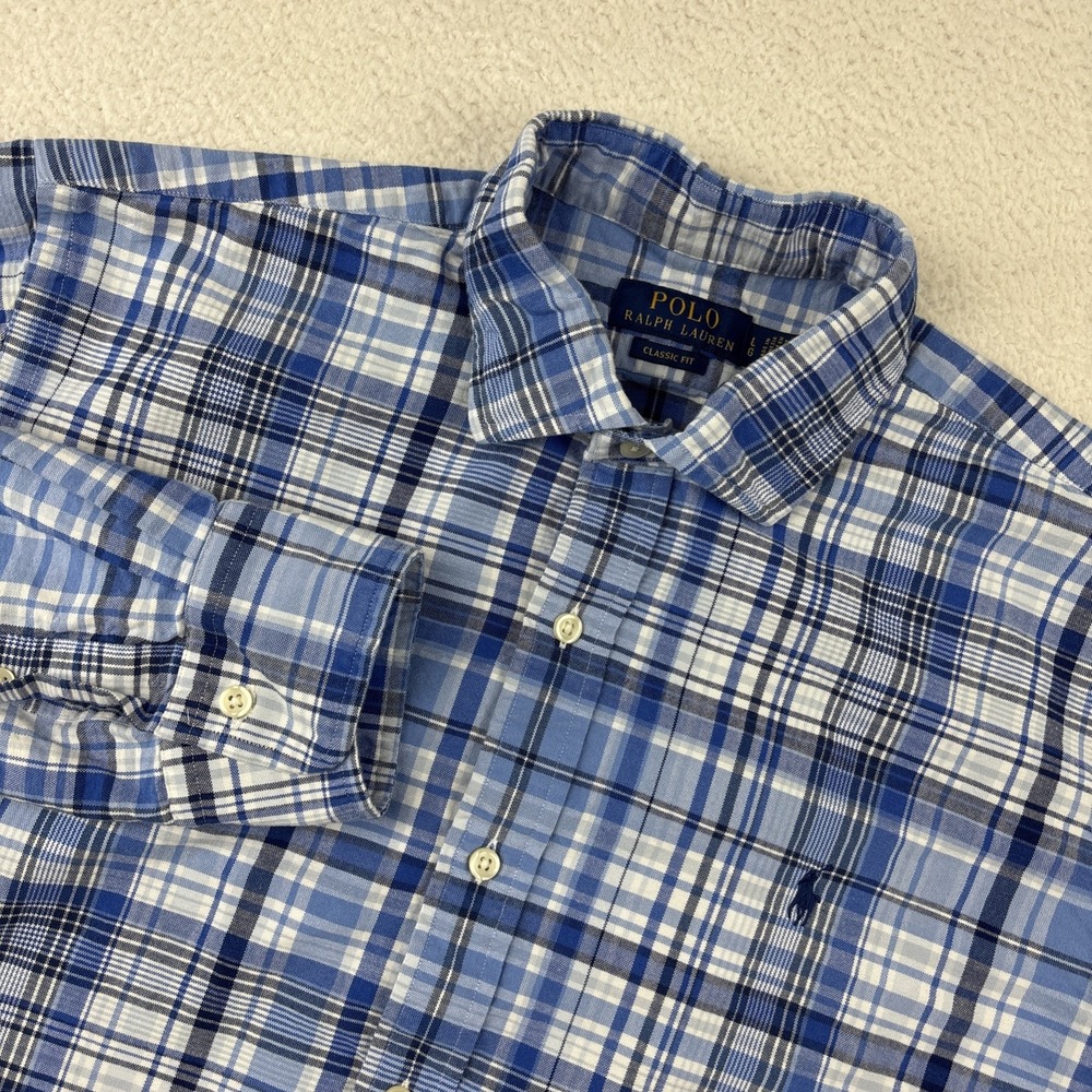 POLO RALPH LAUREN Mens Button-Up Shirt Large Blue Plaid Classic Fit Cotton LS